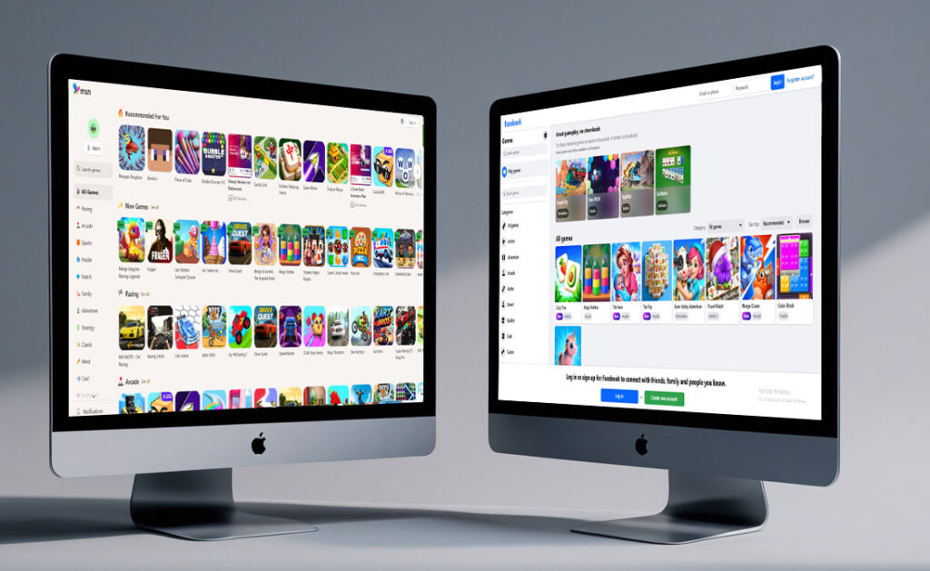 Two monitors displaying game libraries.MSN Games vs Facebook Games thumbnail