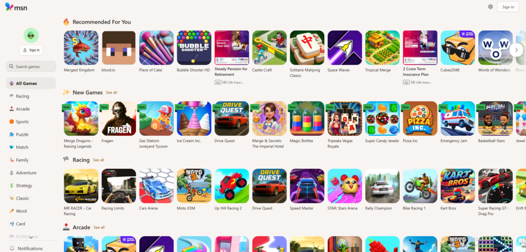 MSN Games browser gaming interface